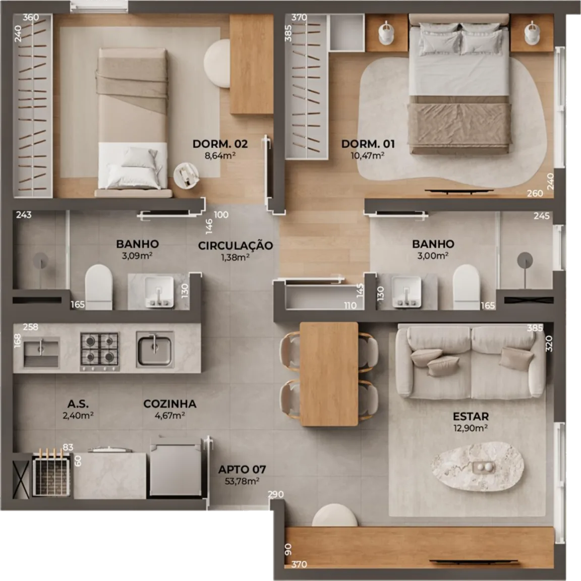 Planta do apartamento de 2 dormitórios com suíte do Vivanti, 53,78 m²